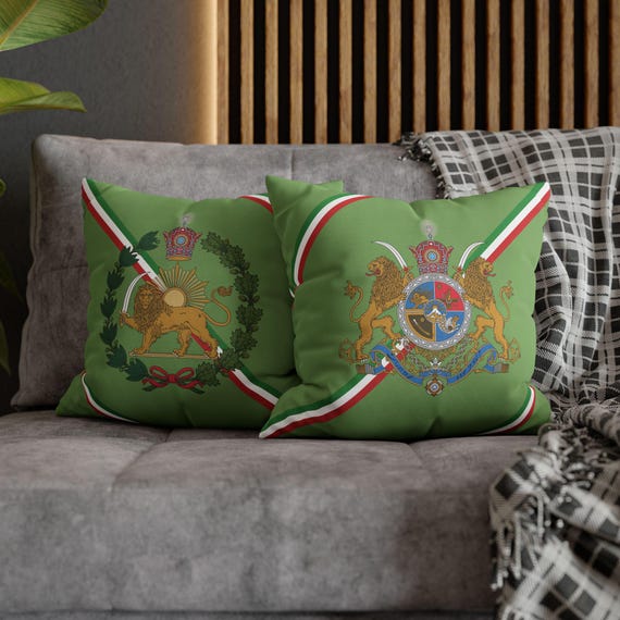Persian Throw Pillow Cover | Couch Cushion Cover | Pistachio | Pahlavi Emblem | Lion and Sun | Tricolor pattern