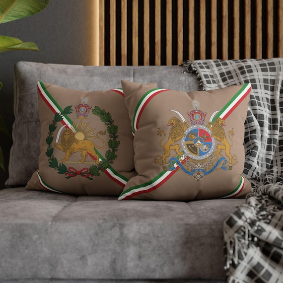 Persian Throw Pillow Cover, Couch Cushion Cover | Taupe |  Pahlavi Emblem | Lion and Sun | Tricolor pattern