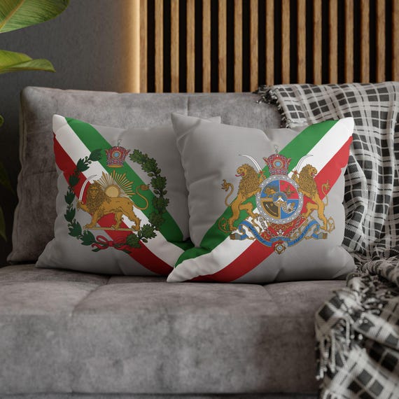 Persian Throw Pillow Cover | Couch Cushion Cover | Light Grey | Pahlavi Emblem | Lion and Sun | Tricolor pattern