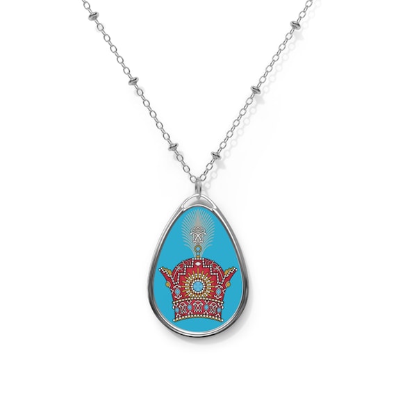 Pahlavi Crown Oval Necklace | Teardrop Pendant, Regal Jewelry | Turquoise