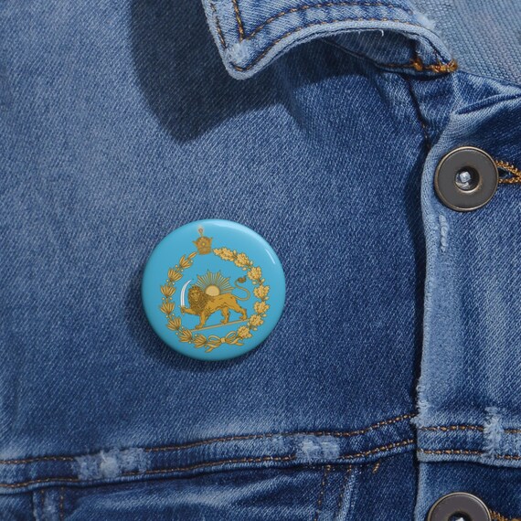 Iran Lion and Sun with Crown Traditional Design Royal Turquoise Emblem Pin Button