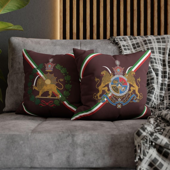 Persian Throw Pillow Cover | Couch Cushion Cover | Oxblood Manor | Pahlavi Emblem | Lion and Sun | Tricolor pattern
