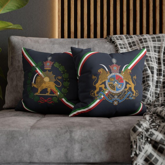 Persian Throw Pillow Cover | Couch Cushion Cover | Midnight Club | Pahlavi Emblem | Lion and Sun | Tricolor pattern