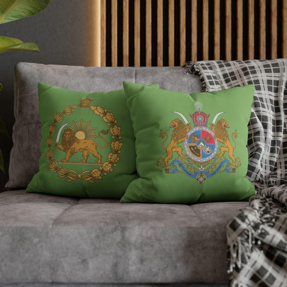 Persian Throw Pillow Cover | Couch Cushion Cover | Pistachio | Pahlavi Emblem | Lion and Sun