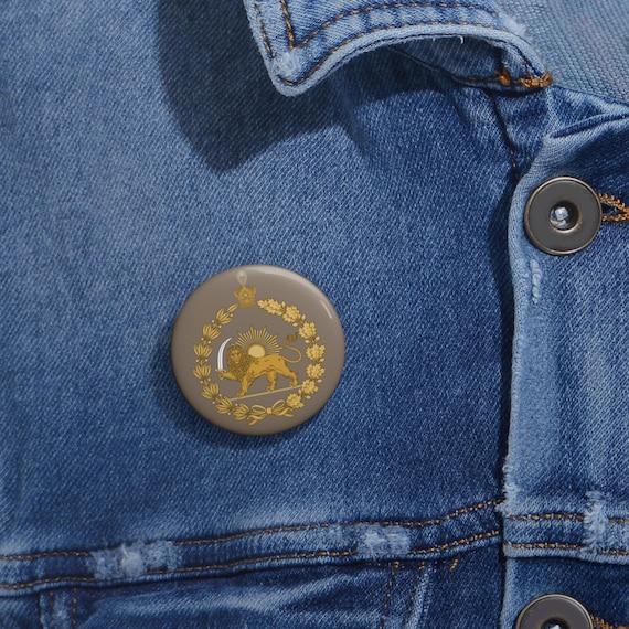 Iran Lion and Sun with Crown Traditional Design Safari Beige Emblem Pin Button