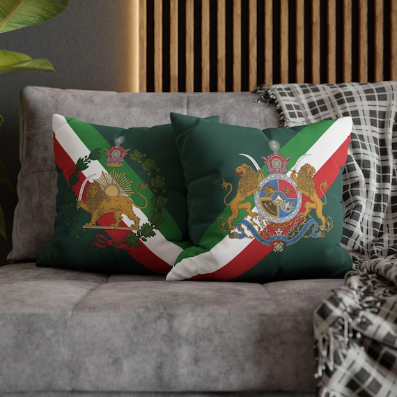 Persian Throw Pillow Cover | Couch Cushion Cover | Emerald Reserve | Pahlavi Emblem | Lion and Sun | Tricolor pattern