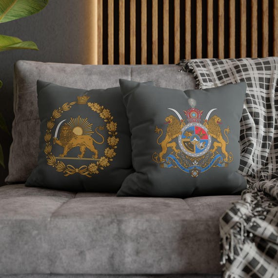 Persian Throw Pillow Cover | Couch Cushion Cover | Dark Grey | Pahlavi Emblem | Lion and Sun