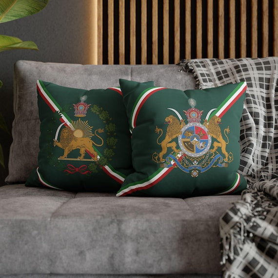 Persian Throw Pillow Cover | Couch Cushion Cover | Emerald Reserve | Pahlavi Emblem | Lion and Sun | Tricolor pattern