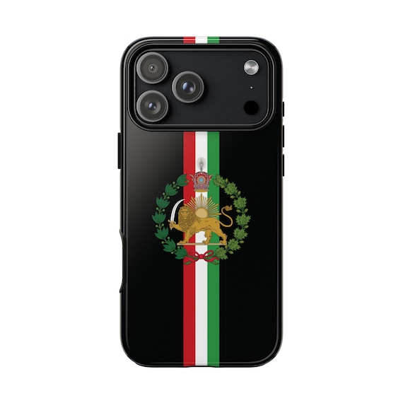 Iran Flag iPhone Case | Imperial Lion and Sun with Crown | Black | Traditional Version | Tough Case | Vertical Flag