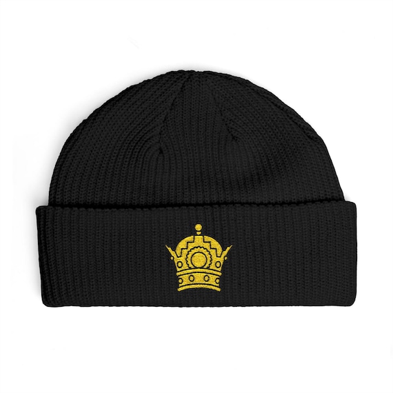 Gold Pahlavi Crown embroidered Cuff Beanie | Crown Beanie, Knit Hat