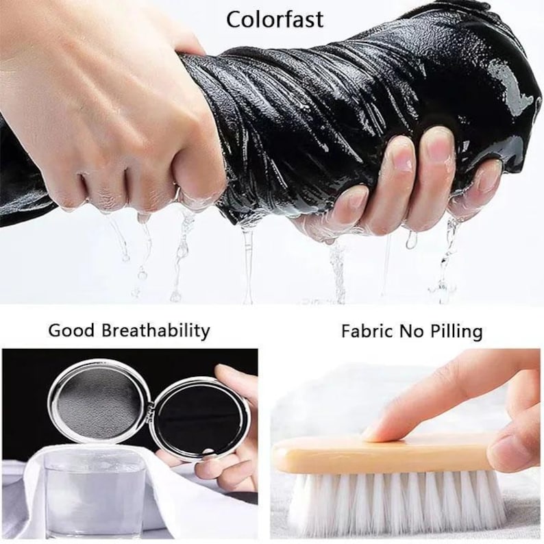 May include: Image showcasing fabric properties. A hand wrings out black fabric, with water droplets visible. Text reads "Colorfast." Additional images show a compact mirror, a glass of water, and a brush, with text indicating "Good Breathability" and "Fabric No Pilling."