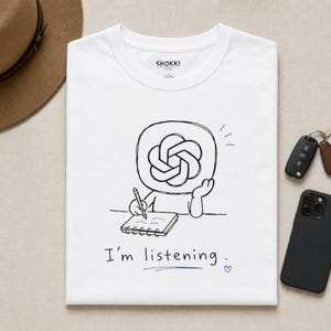 May include: A white crew neck t-shirt featuring a black line drawing of a character with a circular logo head writing in a notebook. The text "I'm listening." is printed below the graphic with a small blue heart. The brand label reads SHOKKI.