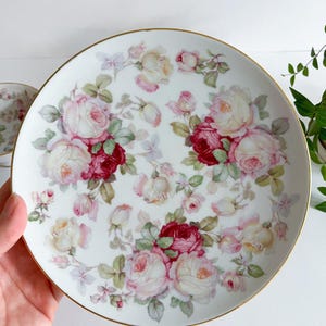 May include: White porcelain plate with a gold rim, adorned with a floral pattern of pink, red, and cream roses. The plate features a delicate design of rose blossoms and green leaves, creating an elegant aesthetic.