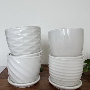 受け皿付きホワイトセラミックプランター4個セット 5インチ モダンな質感の植木鉢 屋内植物