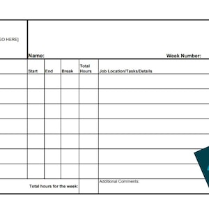 May include: A blank weekly timesheet for one person, with sections for date, start and end times, break, total hours, job location, and tasks. Includes space for a logo, name, week number, and additional comments. A teal arrow graphic reads "WEEKLY TIMESHEET FOR 1 PERSON."