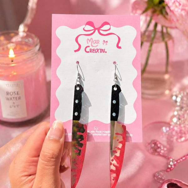 Bloody Chef Knife Earrings, Lightweight Acrylic Horror Jewelry, Spooky Statement Accessory