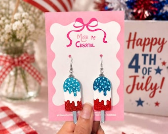 Patriotic Popsicle Earrings, Fourth of July Acrylic Jewelry, Summer Dangle Gift