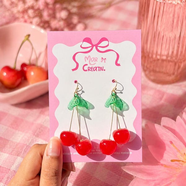 Handmade Acrylic Cherry Dangle Earrings, Fruit Jewelry