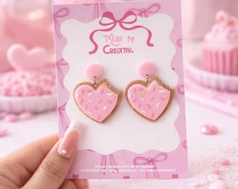 Pink Heart Cookie Dangle, Valentine Jewelry Gift, Bakery Style, Kawaii Love Accessory, Girly Pastel
