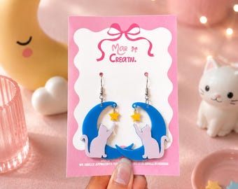 Moon Cat Dangle Earrings, Celestial Kitty Acrylic Jewelry, Whimsical Night Sky Accessories