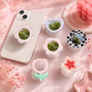Floral Mirror Phone Grip, Heart Checkered Phone Stand, Coquette Accessory