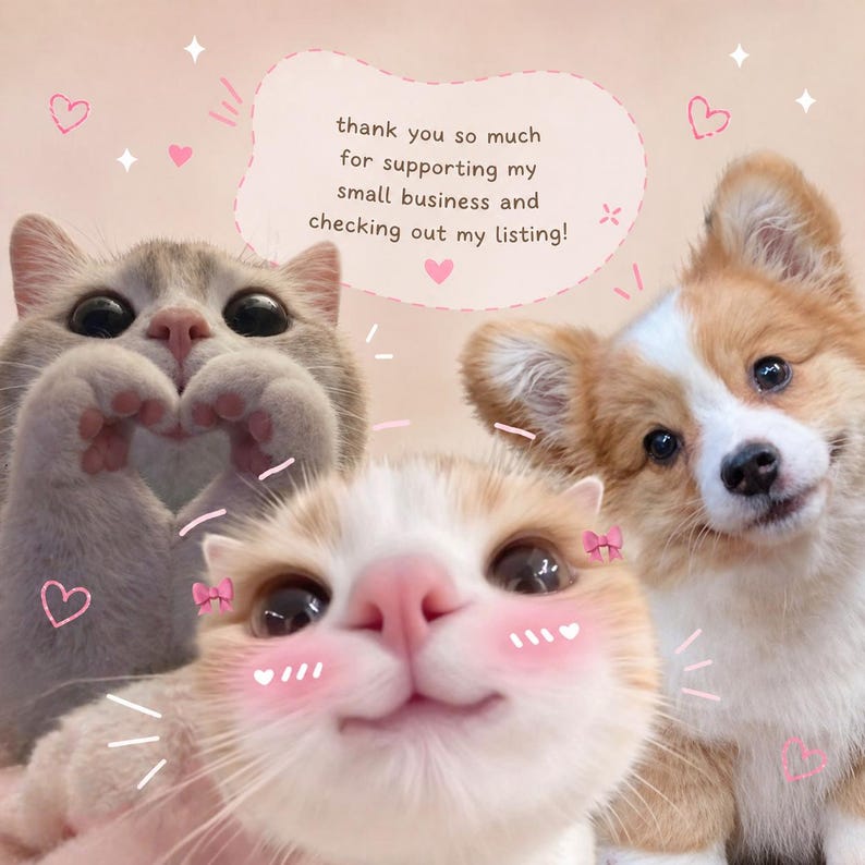 Op de afbeelding: Een schattige afbeelding met een grijze kat die met zijn poten een hart vormt, een lachende oranje en witte kat en een corgi-puppy. De afbeelding bevat de tekst: "bedankt voor het steunen van mijn kleine bedrijf en het bekijken van mijn aanbieding!"