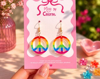 Rainbow Peace Sign Dangle Earrings, Lightweight Acrylic, Pride Festival Jewelry