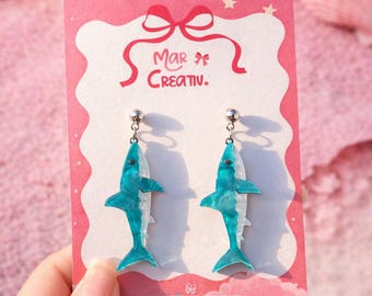 Handmade Blue Shark Dangle Earrings, Ocean Beach Jewelry Summer Gift
