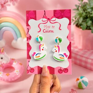 Unicorn Pool Float Dangle Earrings, Summer Statement Jewelry, Colorful Kawaii Accessories, Beach Vacation Earrings