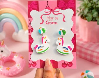 Unicorn Pool Float Dangle Earrings, Summer Statement Jewelry, Colorful Kawaii Accessories, Beach Vacation Earrings