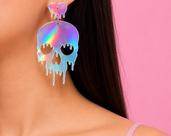 Pastel Dripping Skull Earrings, Kawaii Goth Dangle Jewelry, Handmade Acrylic Halloween Accessory