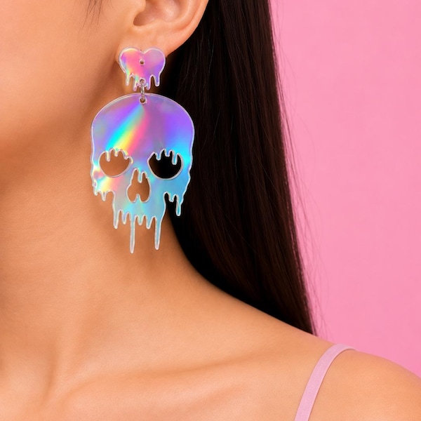 Pastel Dripping Skull Earrings, Kawaii Goth Dangle Jewelry, Handmade Acrylic Halloween Accessory
