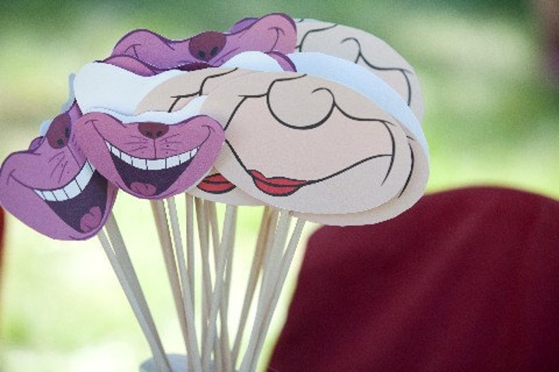 Print your Own Cheshire Cat and Queen of Hearts Alice in Wonderland Mad Hatter Party Inspired Things on Sticks Photo Props