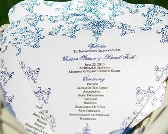 SET OF 25+ Modern Damask Design Wedding Program Fan custom colors available