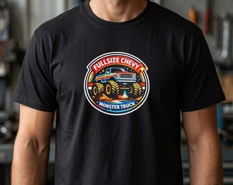 Abzeichen Buntes T-Shirt, Monster Truck Grafik Shirt, Kultur Streetwear, mutiges Design