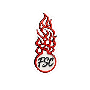 Peut inclure: Autocollant avec un motif de flamme stylisé en rouge et noir. Au bas de la flamme, un cercle blanc contient les lettres "FSC" en noir, bordées de rouge. Finition brillante.