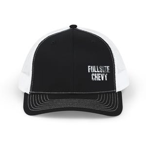 May include: Black and white trucker hat with the text "FULLSIZE CHEVY" in white. The hat features a black front panel, a white mesh back, and a curved brim with white stitching. The hat has a snapback closure.