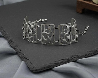 Brutalist Silver Openwork Bracelet, Geometric Cuff Bangle