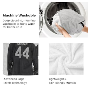 Pu&ograve; includere: Una morbida coperta bianca con il testo Machine Washable, Deep cleaning, machine washable or hand wash for better care, Advanced Edge Stitch Technology e Lightweight & Skin Friendly Material, con una maglia nera che mostra GRAHAM 44.