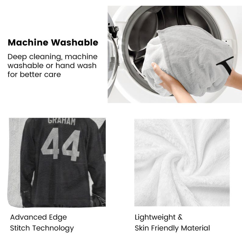 Pu&ograve; includere: Una morbida coperta bianca con il testo Machine Washable, Deep cleaning, machine washable or hand wash for better care, Advanced Edge Stitch Technology e Lightweight & Skin Friendly Material, con una maglia nera che mostra GRAHAM 44.