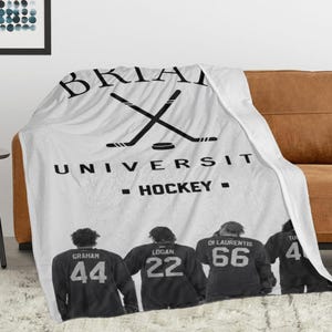 Pu&ograve; includere: Una coperta in pile bianca con una grafica nera di due bastoni da hockey incrociati e un disco. Il testo recita BRIAN UNIVERSITY HOCKEY. Sotto, quattro giocatori di hockey in maglie scure con nomi e i numeri 44, 22, 66 e 4 visti di spalle.