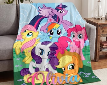 Personalized Pony Blanket, Custom Name MLP Throw, Kids Flannel Blanket, Girls Birthday Gift, Pony Room Decor