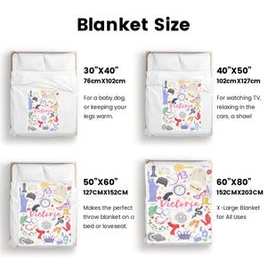 May include: Image displaying four blanket sizes: 76cm x 102cm, 102cm x 127cm, 127cm x 152cm, and 152cm x 203cm. Each blanket has a design with the name "Victoria" and various illustrations. Text indicates the suggested uses for each blanket size.