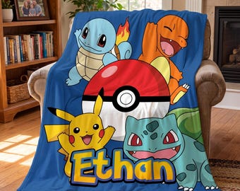 Personalized Pokemon Blanket, Custom Name Pikachu Throw, Anime Gamer Gift for Boys, Kids Bedding, Squirtle Charmander Bulbasaur Fan Gift