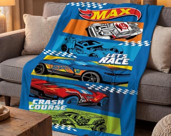 Personalized Race Car Blanket for Boys, Custom Name Toy Car Throw, Racing Theme Kids Bedding, Checkered Flag Toddler Room Decor Gift