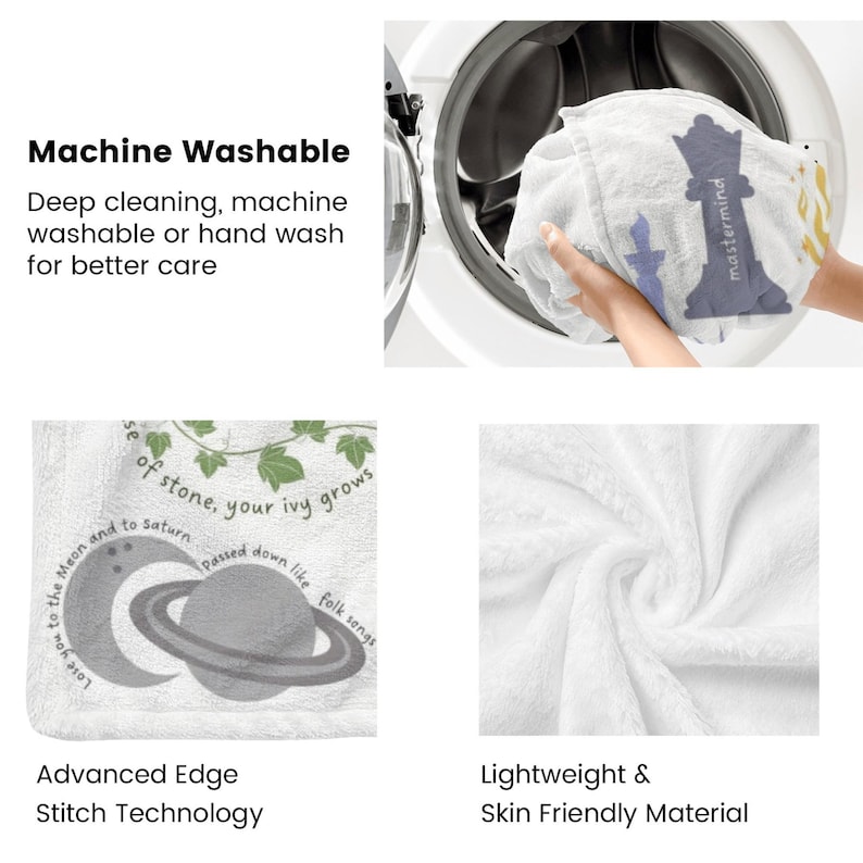 May include: White, machine-washable towel with a chess piece design and the word "mastermind." The towel features a celestial design with the text "Love you to the Moon and to Saturn." The towel is made of lightweight, skin-friendly material.
