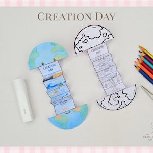 May include: Two paper crafts depicting the Earth with accordion-style pages labeled "Creation Day". One is colored, the other is a line drawing. Colored pencils and scissors are also present.