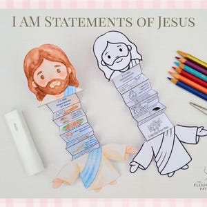 May include: An image featuring two paper cutouts of Jesus with accordion-style statements. One is colored, the other is a line drawing. Colored pencils, scissors, and a white bottle are also present. The text reads "I AM STATEMENTS OF JESUS."
