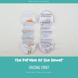 Puede incluir: Dos versiones de una manualidad plegable titulada "La parábola del sembrador". Una es en color, la otra en blanco y negro. La manualidad incluye ilustraciones y texto sobre la parábola. El texto en la parte inferior dice "FOLDING CRAFT" y "Includes two versions."
