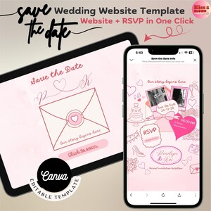 Może przedstawiać: Szablon strony internetowej ślubnej wyświetlany na tablecie i smartfonie. Projekt jest różowo-biały, z tekstem "Save the Date" i "Website + RSVP in One Click". Tablet pokazuje projekt koperty z sercem, a telefon wyświetla szczegóły ślubu.